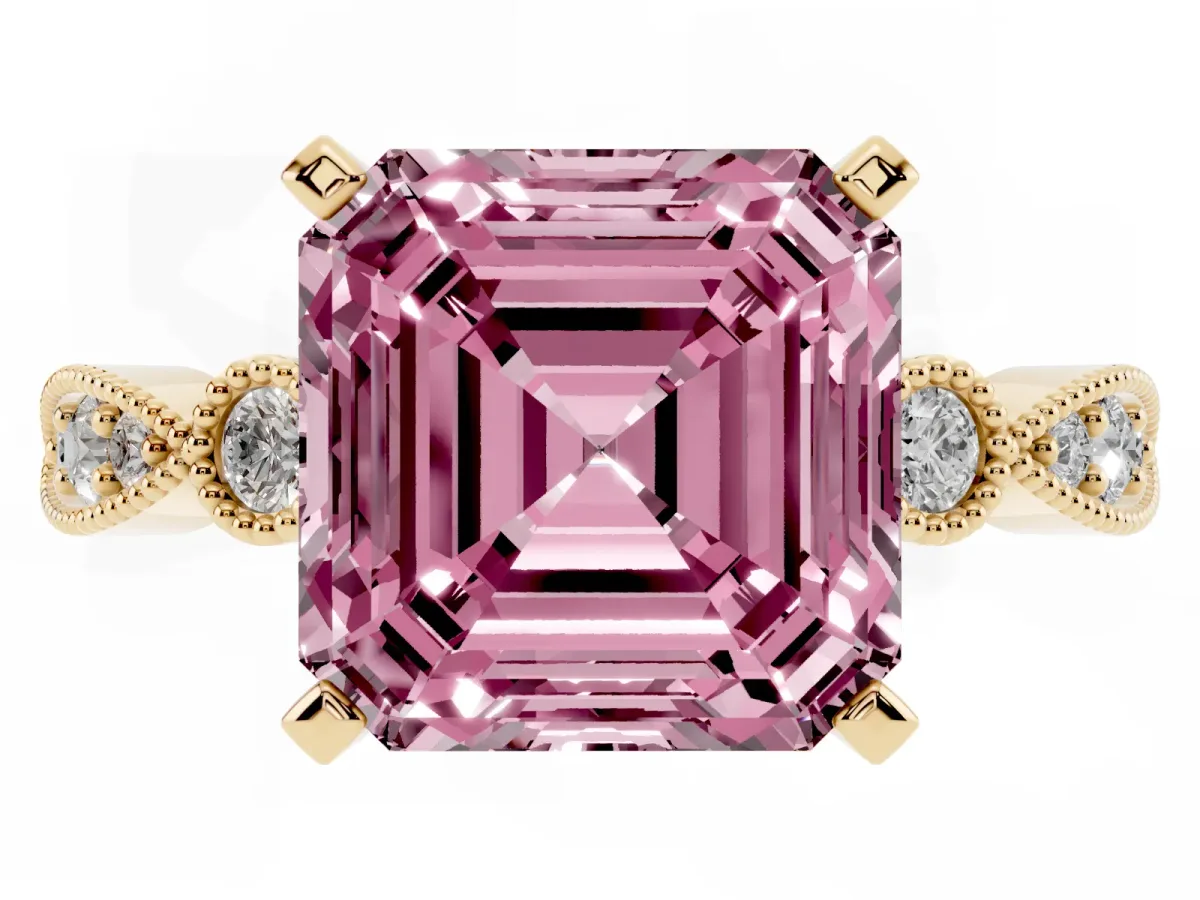 Fancy Pink Asscher Cut Milgrain Bezel Diamond Engagement Ring with Solitaire Prong Setting Yellow gold