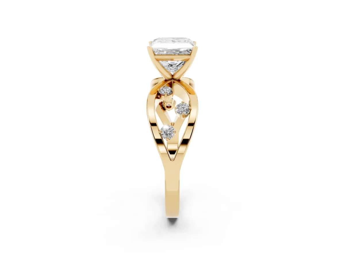 Princess Cut Cut Solitaire Diamond with Side Stones on Criss-Cross Band and Four-Prong Setting Yellow gold
