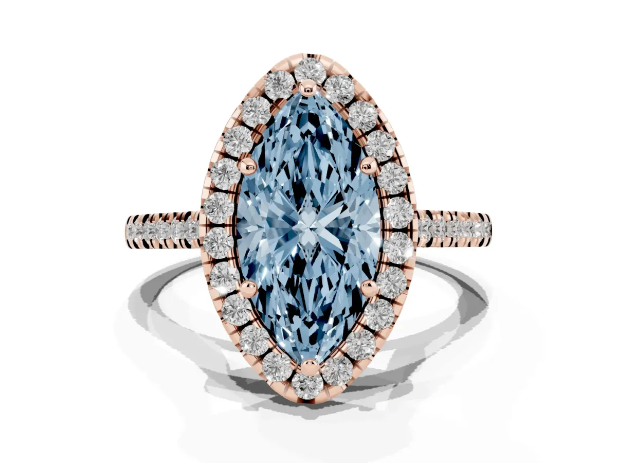Fancy Blue Marquise Cut Diamond Cushion Halo Ring with Pavé Band Rose gold