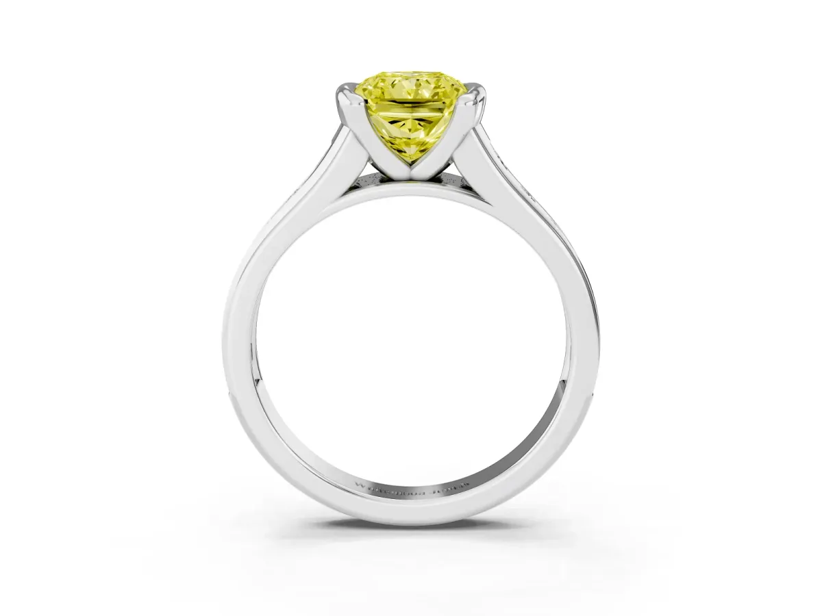 Fancy Yellow Radiant Cut Solitaire Bezel-Set Diamond Ring with Channel-Set Band Silver