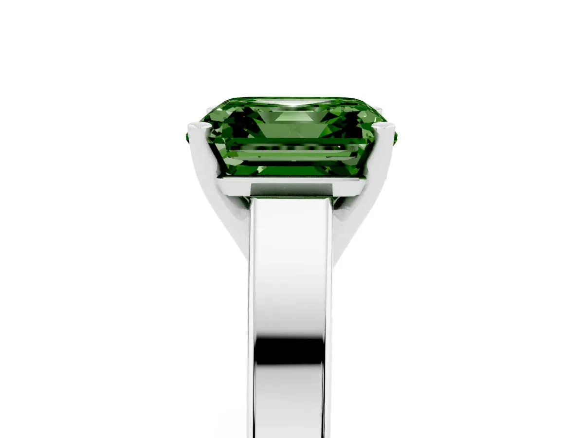Fancy Green Asscher Cut Solitaire Engagement Ring with Four-Prong Setting and Tapered Band Silver
