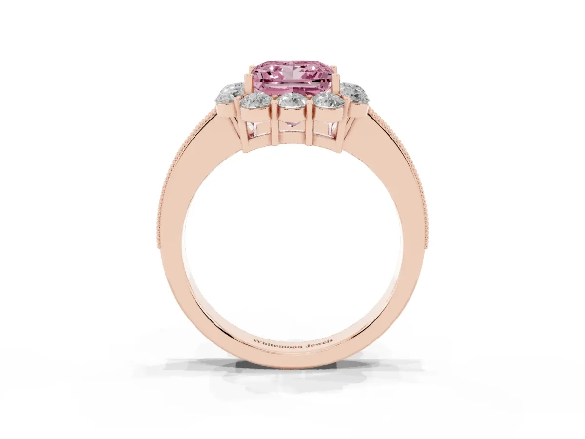 Fancy Pink Princess Cut Cut Halo Diamond Pavé Engagement Ring with Milgrain Detailing Rose gold