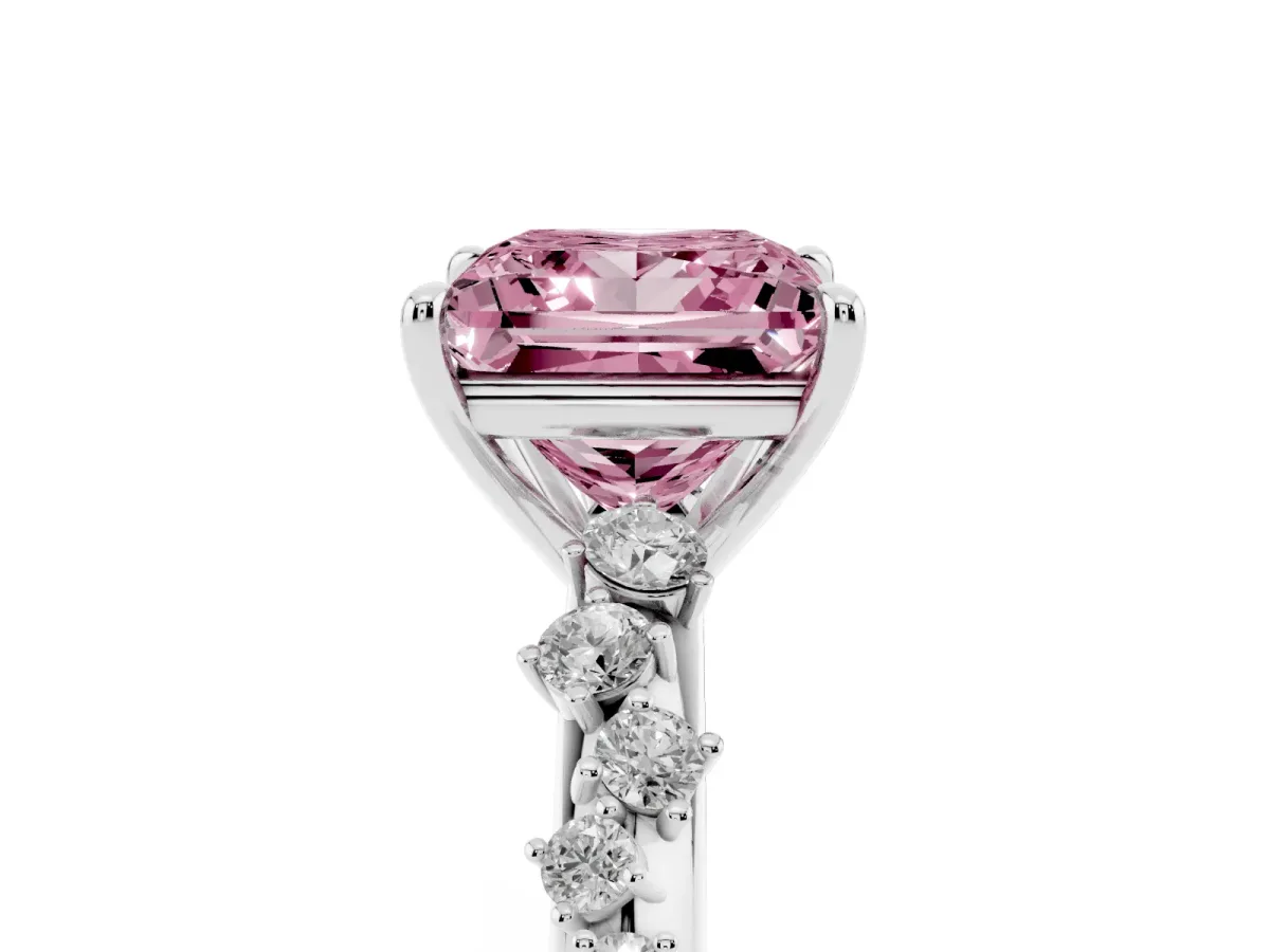 Fancy Pink Princess Cut Diamond Cluster Side Stone Solitaire Ring with Prong Setting Silver