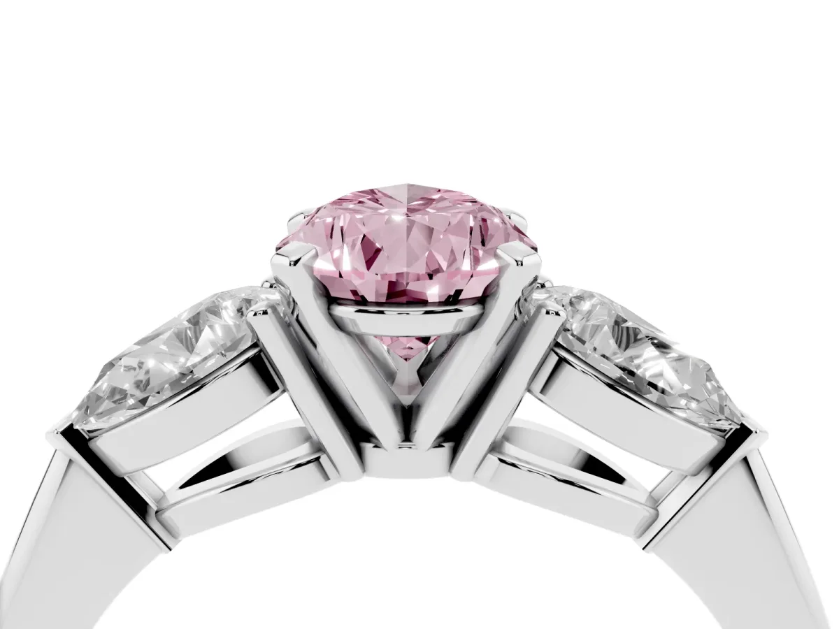 Fancy Pink Three-Stone Pear Cut Diamond Ring with Pear Side Stones and Four-Prong Setting Silver