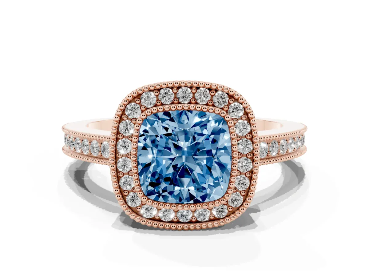 Fancy Blue Cushion Cut Cut Halo Diamond Ring with Pavé Band and Milgrain Prong Setting Rose gold
