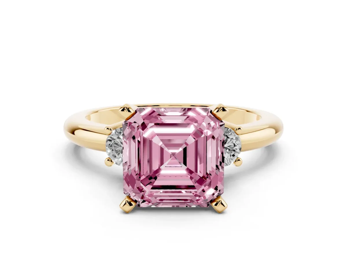 Fancy Pink Three-Stone Asscher Cut Cut Diamond Solitaire with Prong Setting and Classic Band Yellow gold