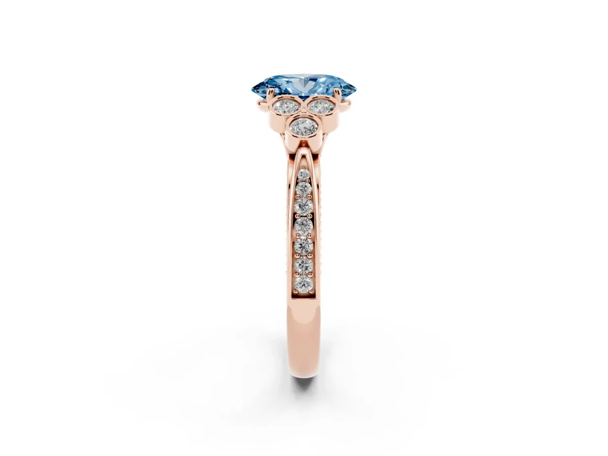 Fancy Blue Oval Cut Cut Diamond Engagement Ring with Bezel Set Round Side Stones and Prong Setting Rose gold