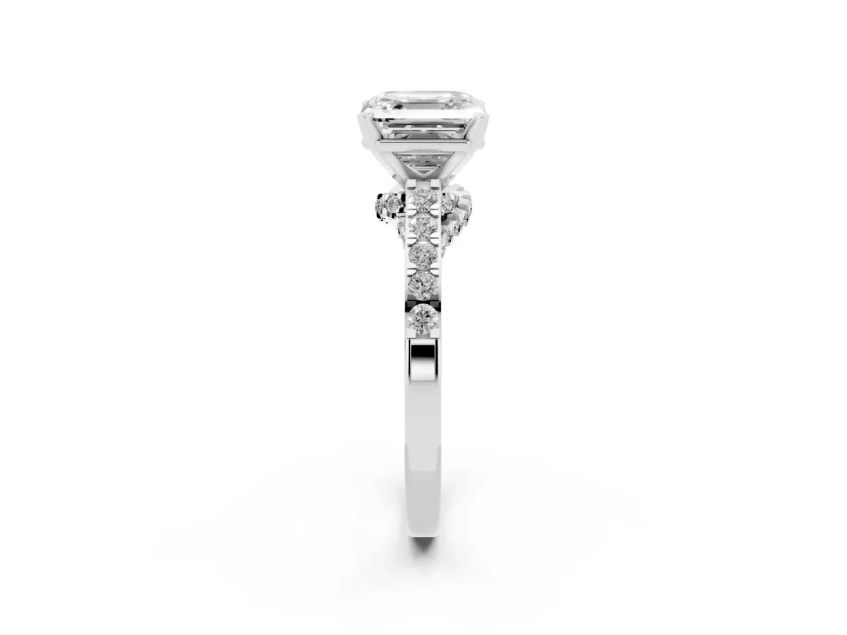 Asscher Cut Diamond Solitaire Ring with Crossover Gallery and Round Pavé Band White gold