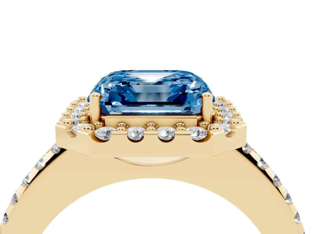 Fancy Blue Asscher Cut Diamond Pavé Halo Ring with Four-Prong Setting Yellow gold