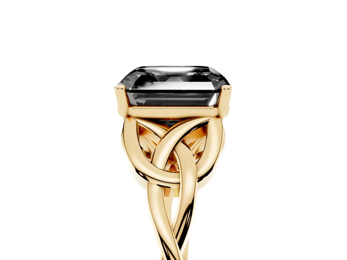 Fancy Black Asscher Cut Diamond Solitaire Engagement Ring with Celtic Knot Band and Four-Prong Setting Yellow gold