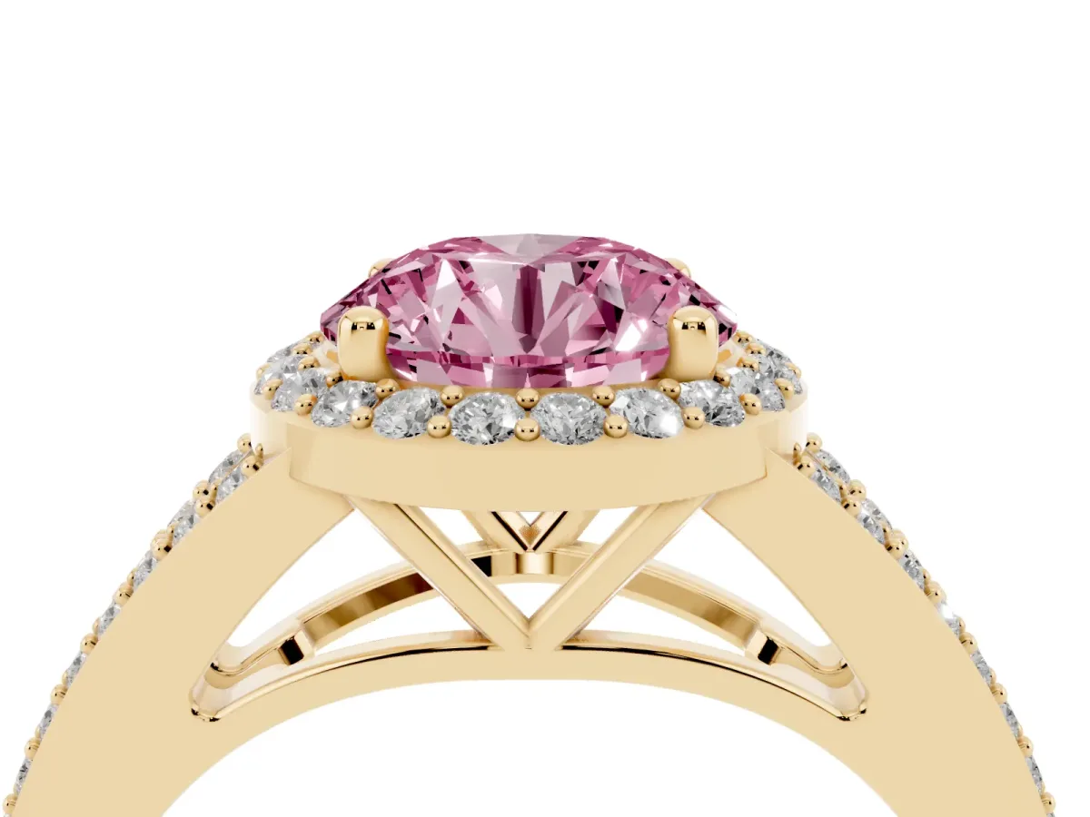 Fancy Pink Round Cut Halo Split Shank Pave Diamond Ring with Four-Prong Setting Yellow gold