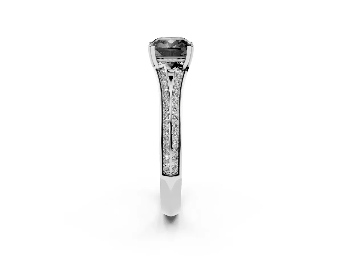 Fancy Black Cushion Cut Diamond Split Shank Engagement Ring with Pavé Band Silver