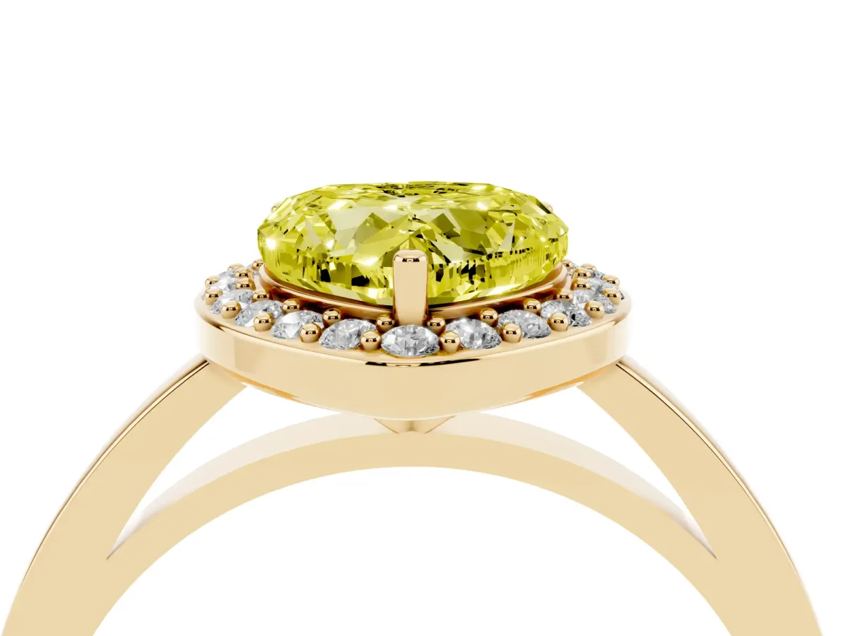 Fancy Yellow Heart Cut Halo Diamond Ring with Solitaire Band and Prong Setting Yellow gold