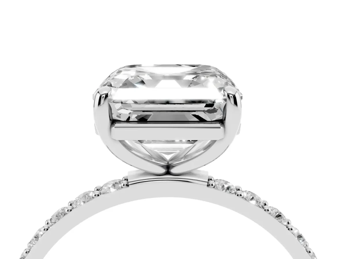 Asscher Cut Diamond Solitaire Ring with Round Pavé Band and Prong Setting Platinum