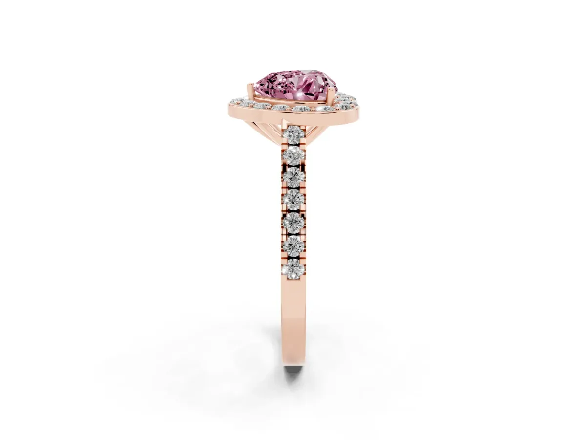 Fancy Pink Heart Cut Diamond Halo Ring with Round Pavé Split Shank and Prong Setting Rose gold