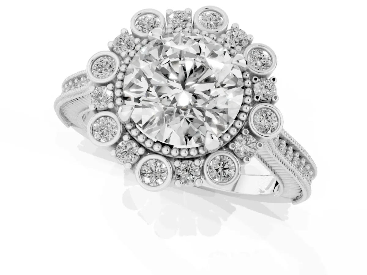 Round Cut Halo Milgrain Pave Diamond Ring with Four-Prong Setting Platinum
