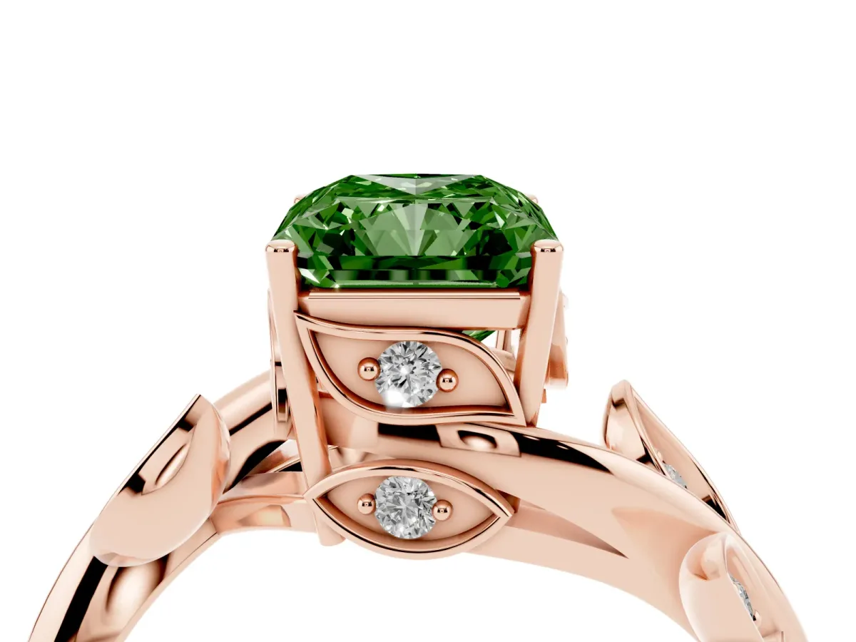 Fancy Green Radiant Cut Solitaire Twist Engagement Ring with Leaf Accents and Prong Setting Rose gold