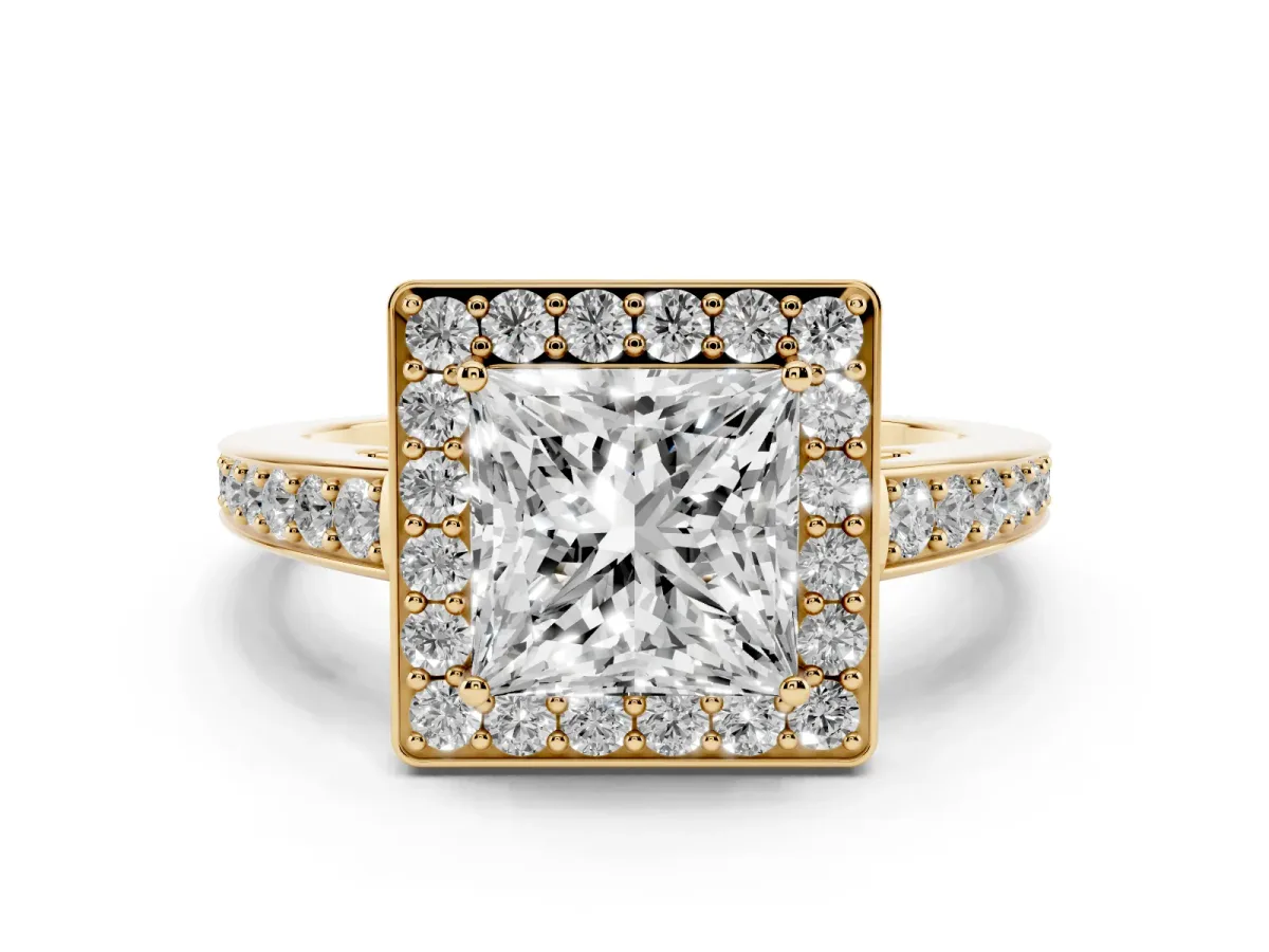 Princess Cut Halo Pavé Diamond Engagement Ring with Bezel Setting Yellow gold
