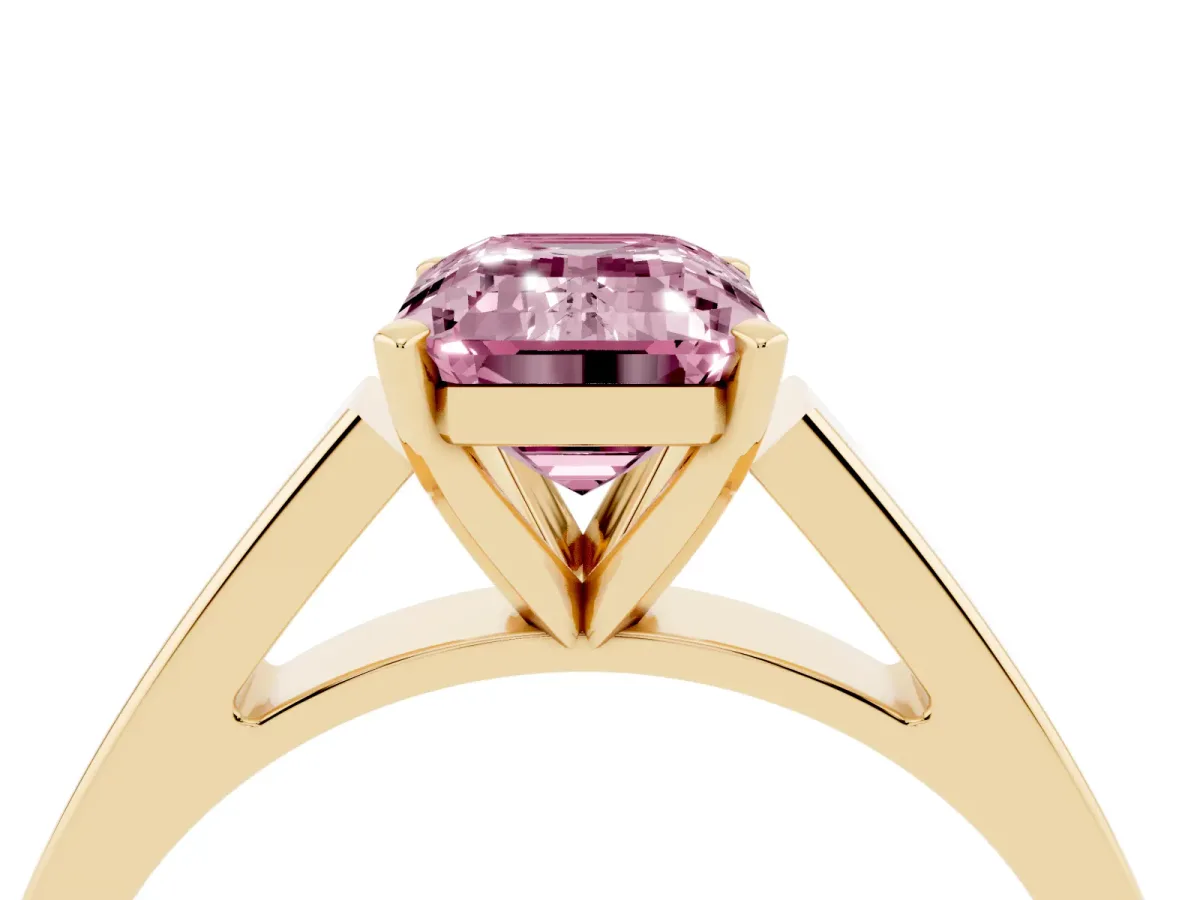 Fancy Pink Emerald Cut Solitaire Engagement Ring with Four-Prong Setting and Tapered Band Yellow gold