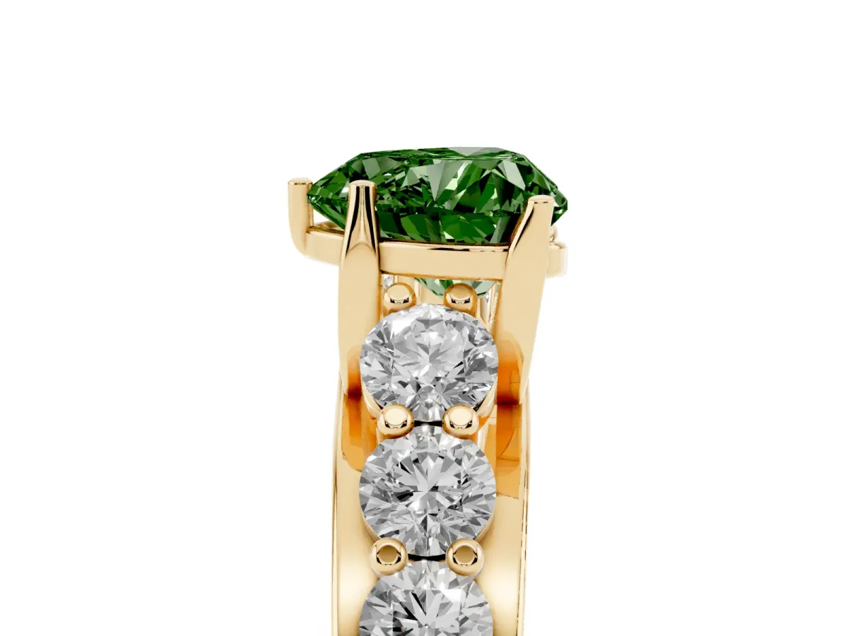 Fancy Green Heart Cut Diamond Engagement Ring with Pavé Band and Four-Prong Setting Yellow gold