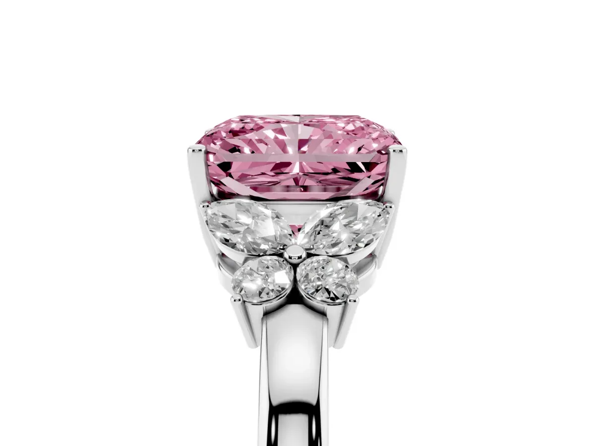Fancy Pink Radiant Cut Cut Solitaire Floral Diamond Ring with Four-Prong Setting Silver