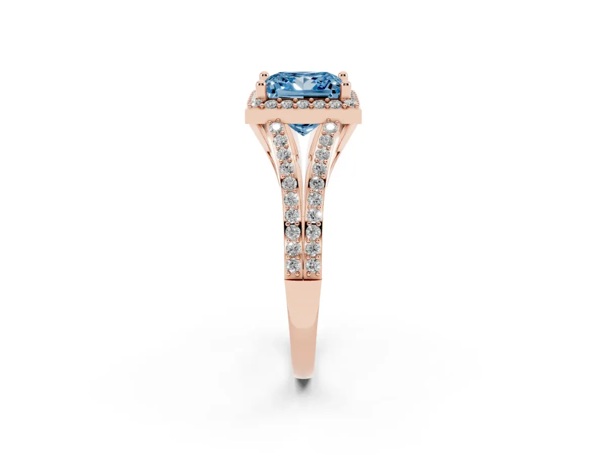 Fancy Blue Princess Cut Halo Split Shank Pave Diamond Ring with Four-Prong Setting Rose gold