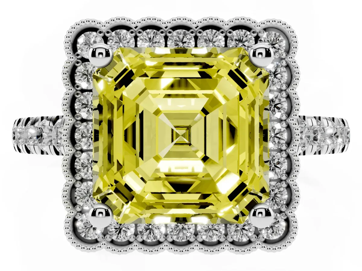 Fancy Yellow Asscher Cut Cut Diamond Milgrain Floral Halo Engagement Ring with Pavé Band Silver