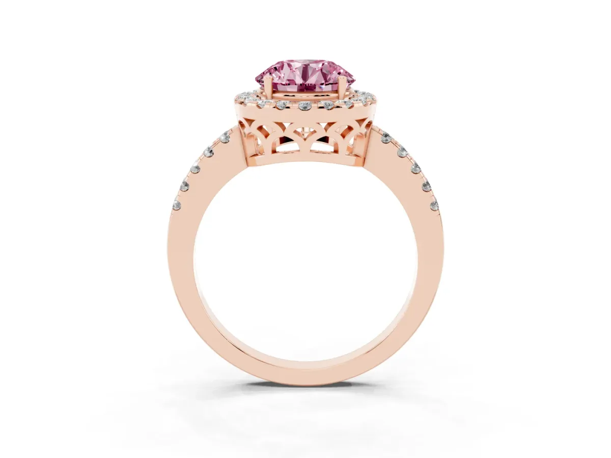 Fancy Pink Round Cut Halo Diamond Engagement Ring with Pavé Band and Four-Prong Setting Rose gold