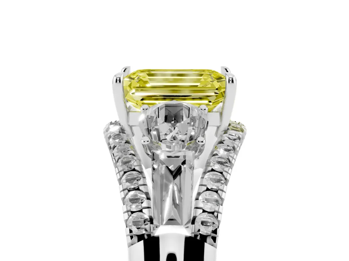 Fancy Yellow Three-Stone Emerald Cut Diamond Engagement Ring with Pave Band and Prong Setting Silver