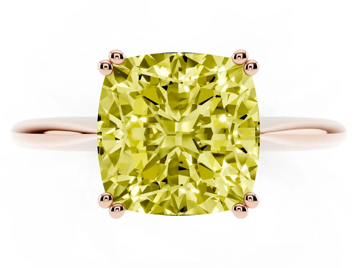 Fancy Yellow Cushion Cut Solitaire Diamond Ring with Six-Prong Setting and Classic Band Rose gold
