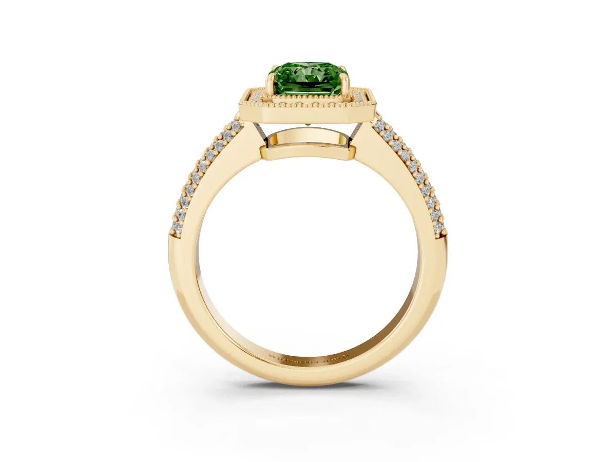 Fancy Green Radiant Cut Cut Halo Diamond Pave Band with Four-Prong Setting Yellow gold