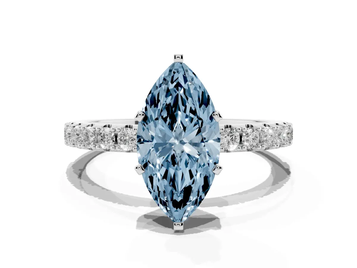 Fancy Blue Marquise Cut Diamond Solitaire Pavé Band with Four-Prong Setting Silver