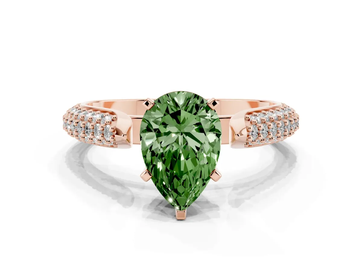 Fancy Green Pear Cut Diamond Solitaire Engagement Ring with Multi-Row Round Pavé Band and Prong Setting Rose gold