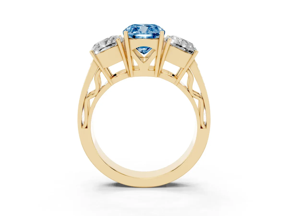 Fancy Blue Cushion Cut Diamond Three-Stone Ring with Prong Setting and Textured Band Yellow gold