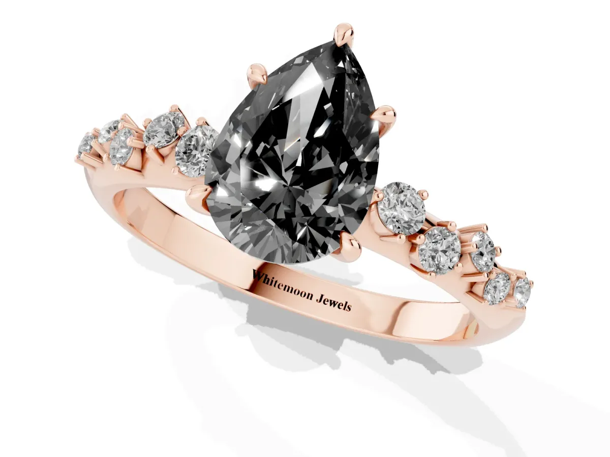Fancy Black Pear Cut Diamond Cluster Side Stone Solitaire Ring with Prong Setting Rose gold
