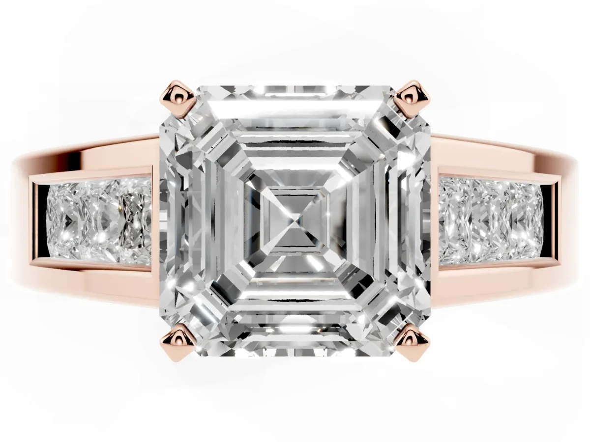 Asscher Cut Cut Channel Set Solitaire Ring with Four-Prong Setting Rose gold