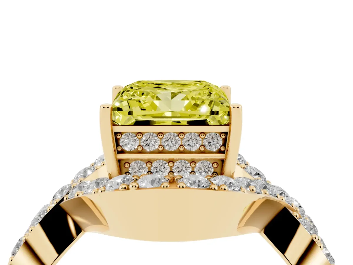 Fancy Yellow Princess Cut Solitaire Twist Band Pavé Diamond Engagement Ring Yellow gold