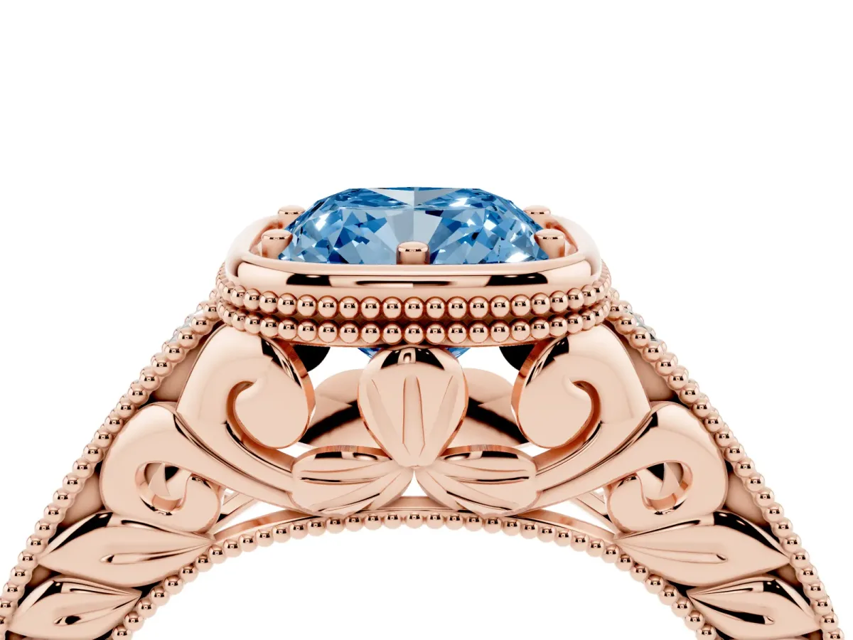 Fancy Blue Bezel Set Cushion Cut Diamond Milgrain Pave Engagement Ring Rose gold