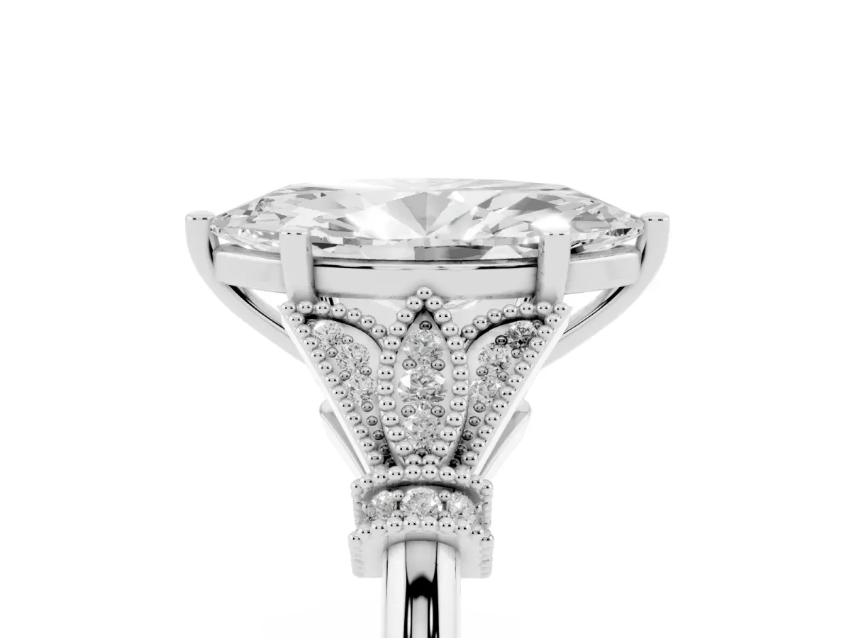 Marquise Cut Diamond Solitaire Ring with Floral Filigree and Pave Accents White gold