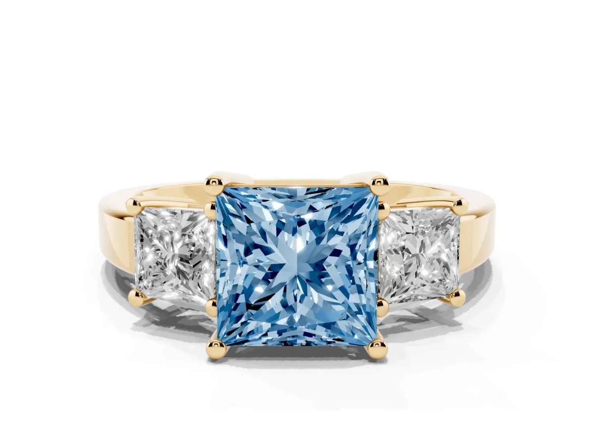 Fancy Blue Three-Stone Princess Cut Cut Solitaire Ring with Prong Setting Yellow gold