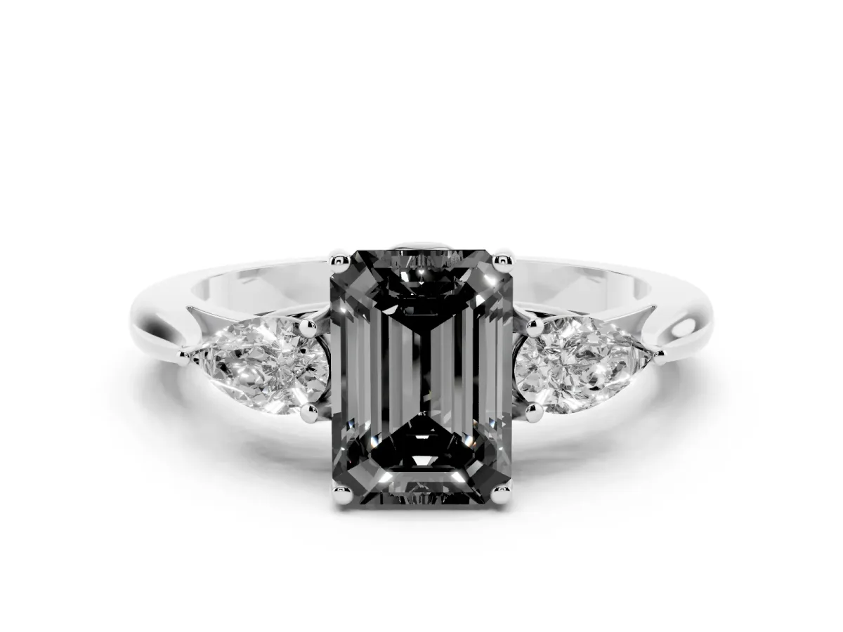 Fancy Black Emerald Cut Diamond Three-Stone Ring with Pear Side Stones and Prong Setting White gold