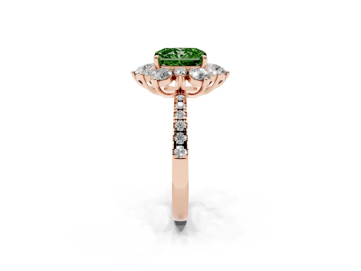 Fancy Green Radiant Cut Diamond Floral Halo Ring with Round Pavé Band and Prong Setting Rose gold