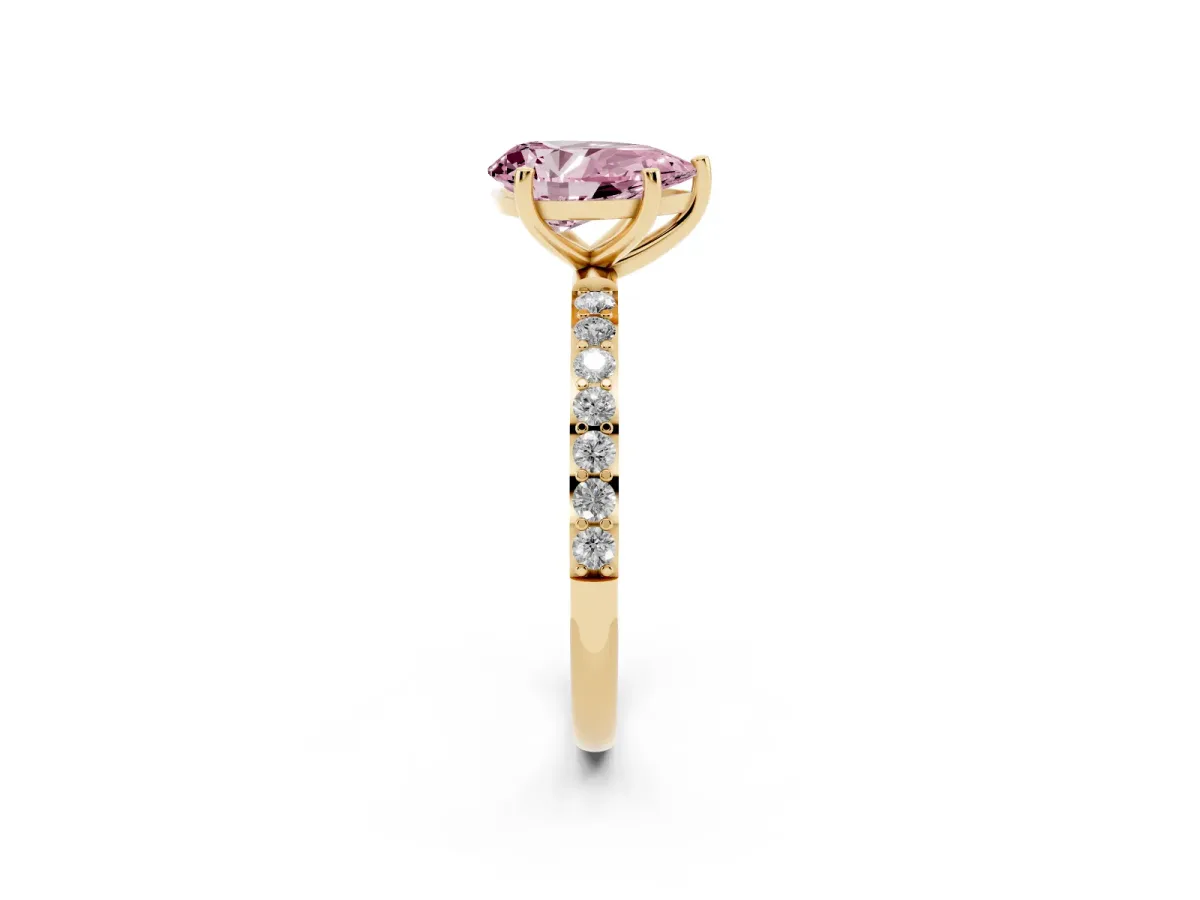 Fancy Pink Pear Cut Diamond Solitaire Ring with Round Pavé Shoulders and Prong Setting Yellow gold