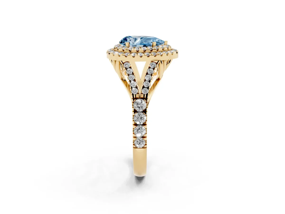 Fancy Blue Pear Cut Cut Double Halo Split Shank Diamond Ring with Prong Setting Yellow gold