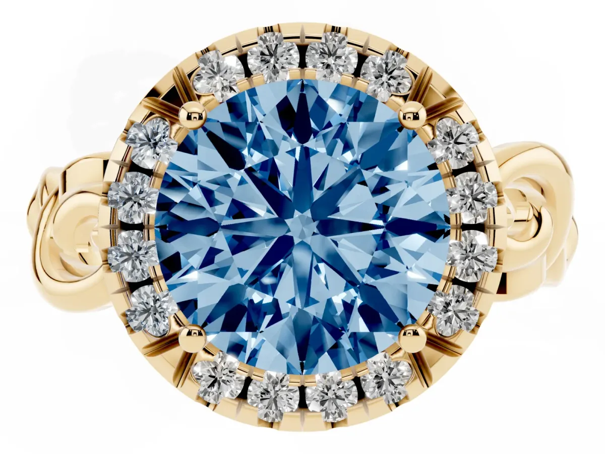 Fancy Blue Round Cut Cut Halo Diamond Ring with Scrollwork Band and Four-Prong Setting Yellow gold