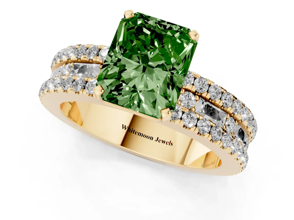 Fancy Green Radiant Cut Diamond Solitaire Ring with Pavé and Channel Set Band Yellow gold