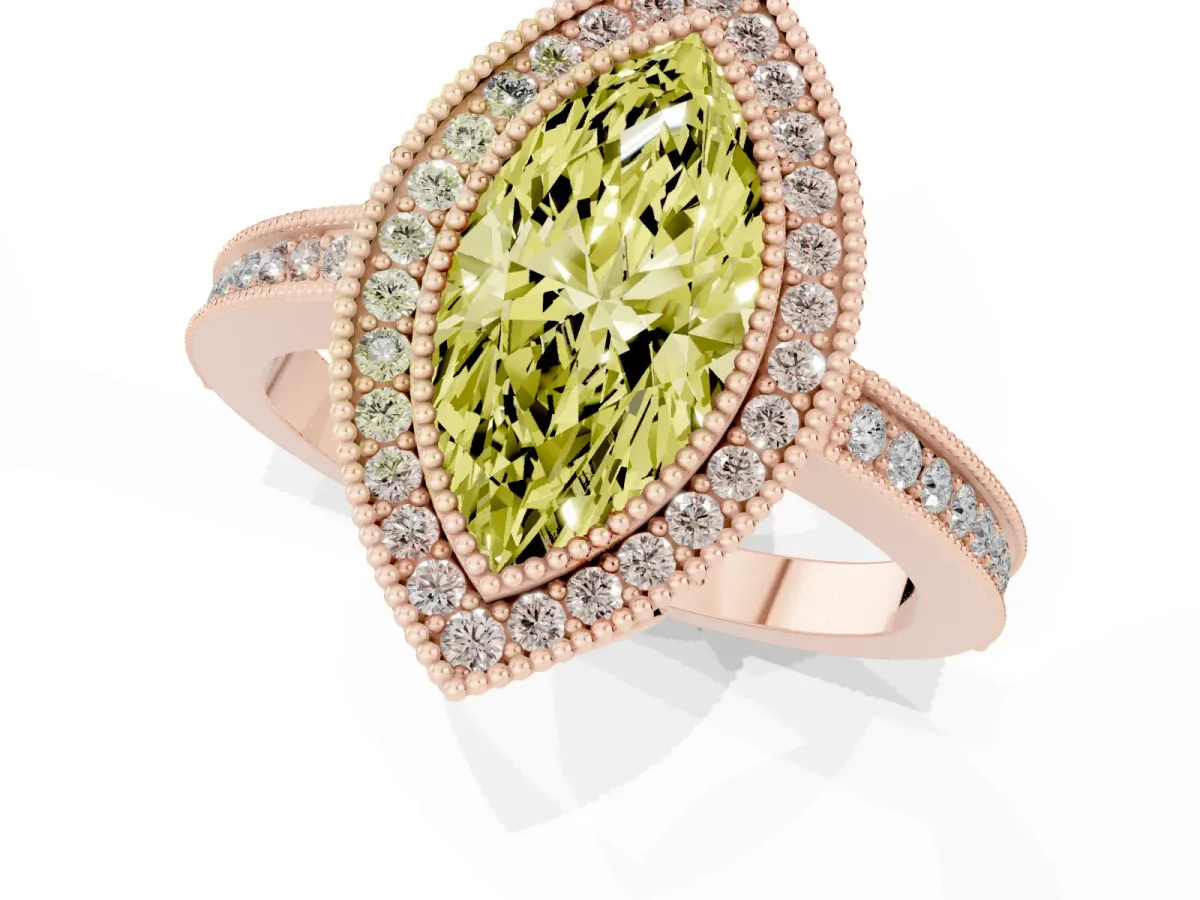 Fancy Yellow Marquise Cut Cut Halo Diamond Ring with Pavé Band and Milgrain Prong Setting Rose gold