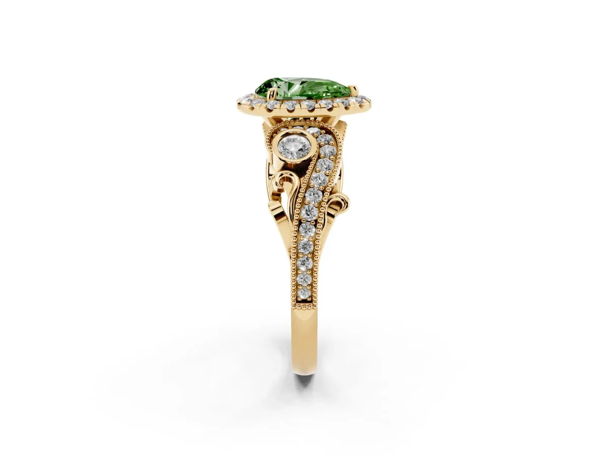 Fancy Green Pear Cut Diamond Halo Ring with Milgrain Pavé Band and Four-Prong Setting Yellow gold