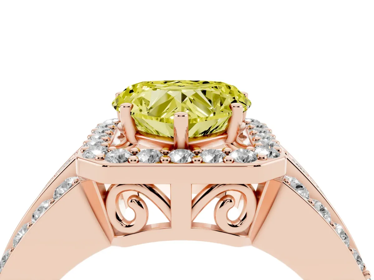 Fancy Yellow Heart Cut Halo Diamond Ring with Round Split Shank and Prong Setting Rose gold