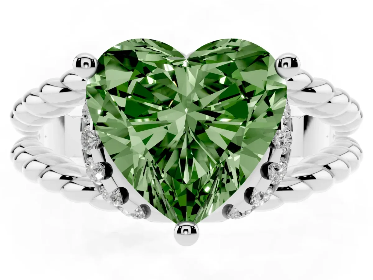Fancy Green Heart Cut Halo Twisted Band Four-Prong Ring Silver